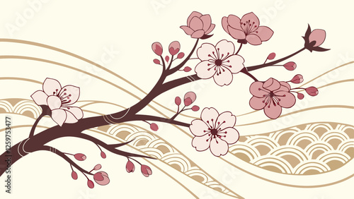 Beautiful cherry blossom branch on a beige background. Vector illustration.
