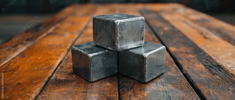 Three metal cubes stacked on a wooden table. Three metal cubes stacked on a wooden table.