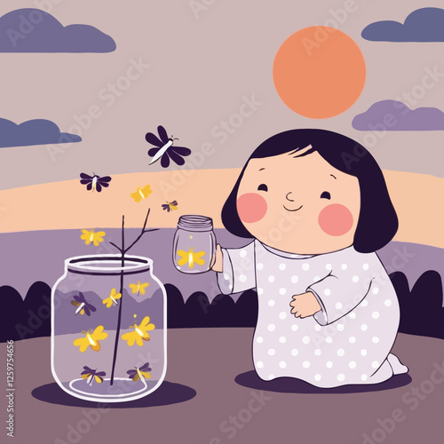 Catching Fireflies:  A little girl with a big smile kneels in a field of tall grass, holding a jar filled with glowing fireflies as the sun sets in the distance.  She gazes at the little bugs.