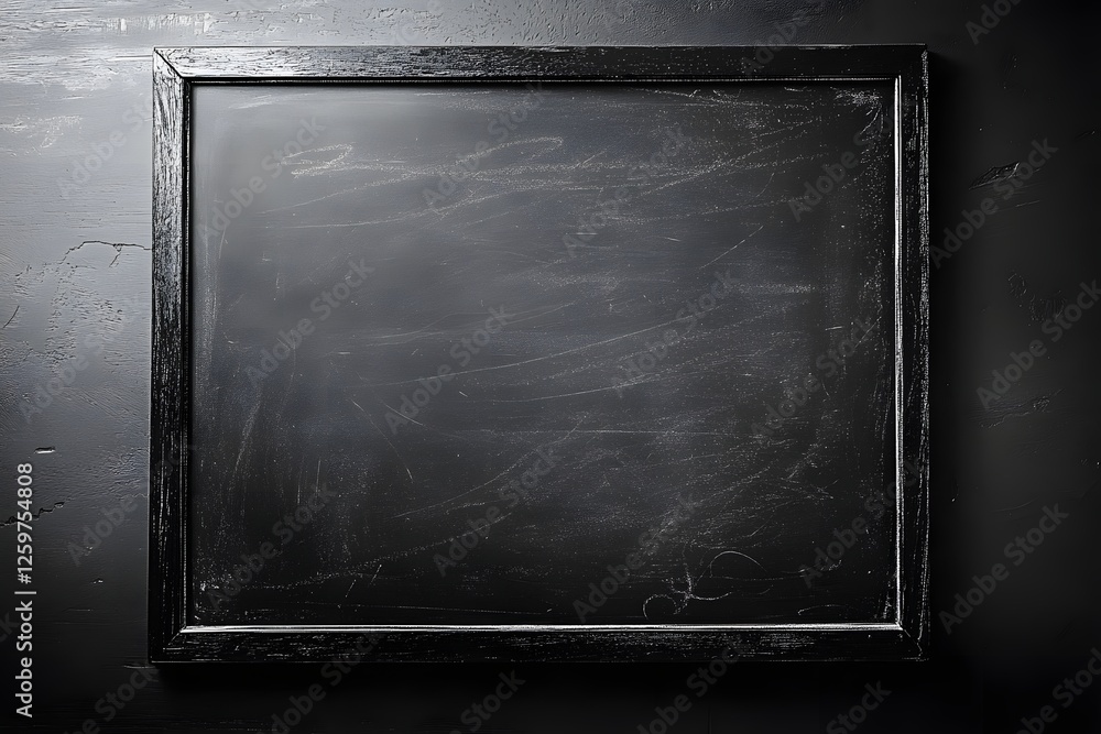 Blank Blackboard Frame on Dark Wall, Empty Blank Blackboard Frame on Dark Wall, Empty