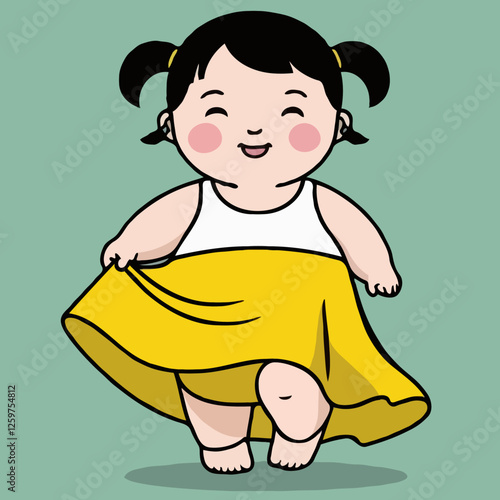 Happy Little Girl with Yellow Skirt: A cheerful little girl with pigtails smiles and twirls her yellow skirt, her infectious laughter echoing through the air. Her innocent joy fills the illustration.