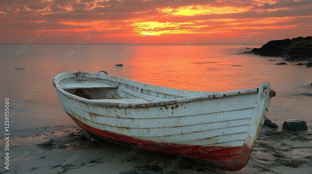 Sunrise over calm sea, old boat on shore, rocks, peaceful scene, travel Sunrise over calm sea, old boat on shore, rocks, peaceful scene, travel