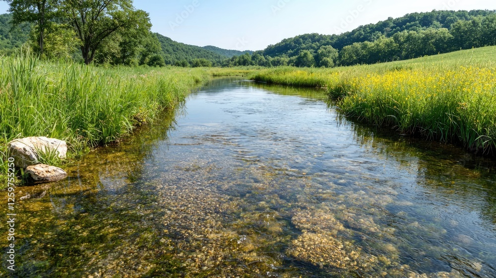 Fototapeta premium Clear Creek Winding Through Green Valley