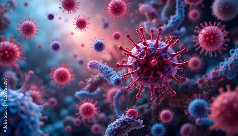 A panoramic microbiology wallpaper showcasing viruses and bacteria, AI-generated, vibrant and detailed for scientific design. A panoramic microbiology wallpaper showcasing viruses and bacteria, AI-generated, vibrant and detailed for scientific design.