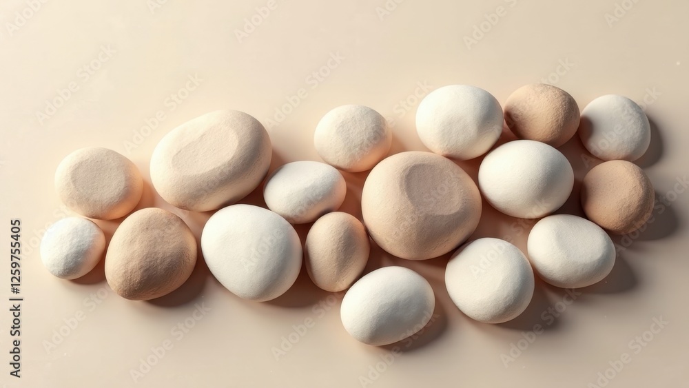 Smooth, Textured Stones Arranged in a Gentle Curve on a Neutral Background Smooth, Textured Stones Arranged in a Gentle Curve on a Neutral Background