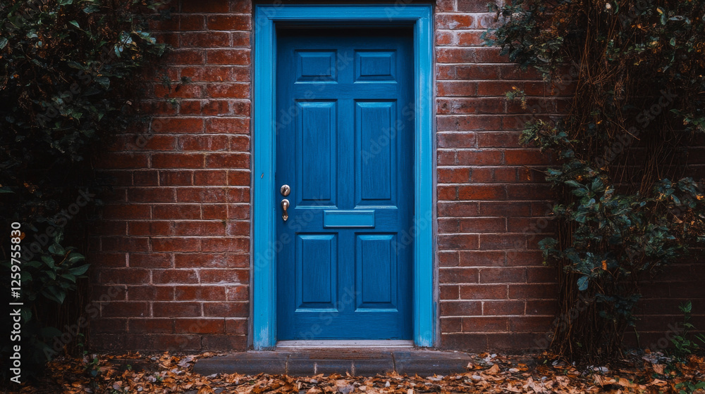 vibrant blue door stands out against red brick wall, surrounded by autumn leaves and climbing ivy, creating striking contrast vibrant blue door stands out against red brick wall, surrounded by autumn leaves and climbing ivy, creating striking contrast