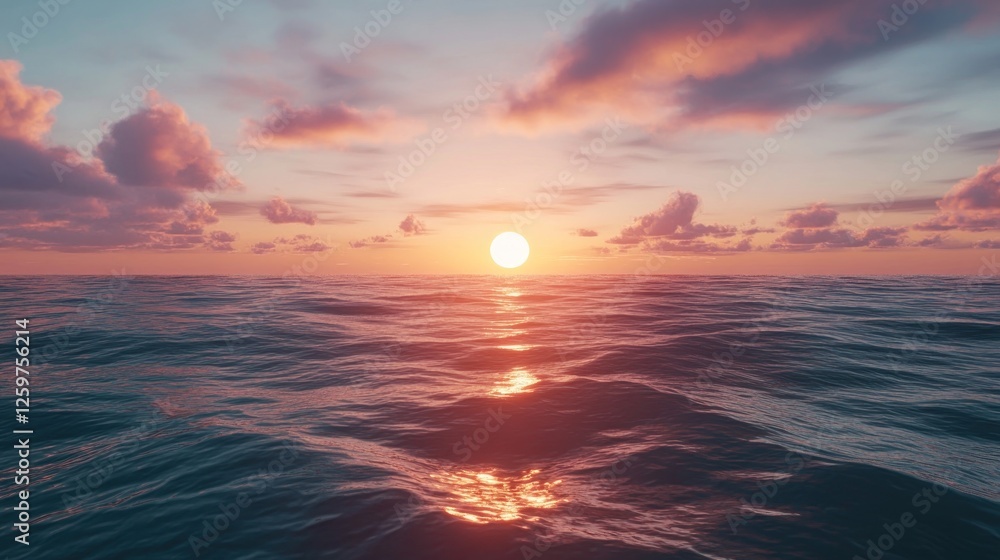 Fototapeta premium Ocean sunset, tranquil waves, colorful sky, peaceful scene, travel background