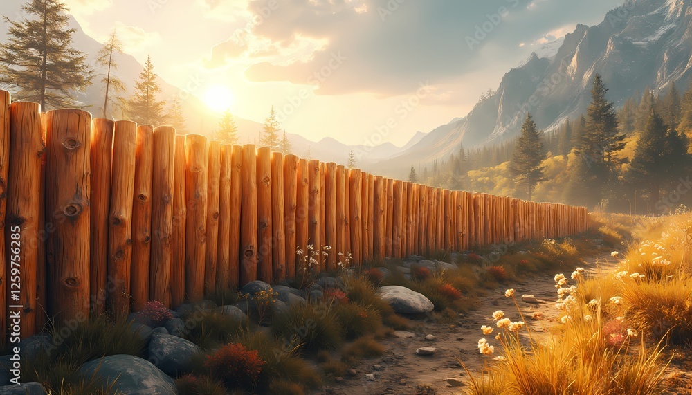 Fototapeta premium Long wooden fence stretching along a mountain path at sunset.