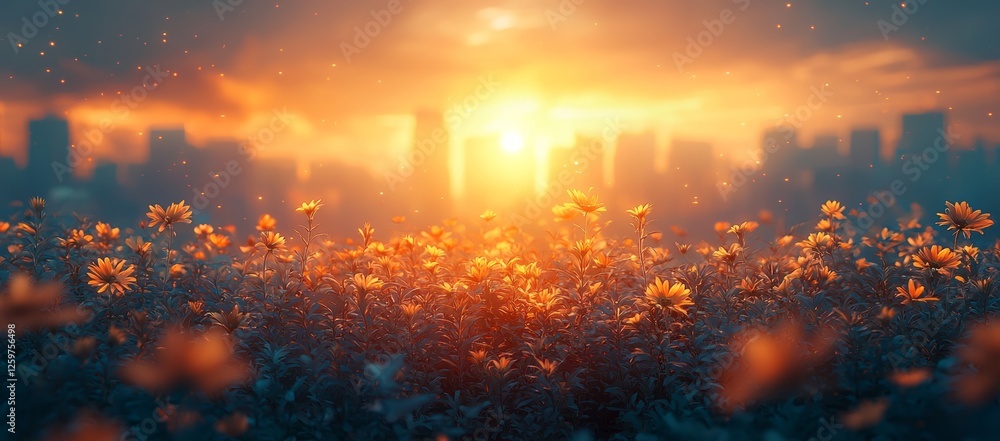 Sunset city flowers field sunrise nature