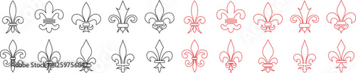 Fleur de Lys symbols or Fleur de Lis vector icon set ornament Silhouette isolated on transparent background. Flower Lily Royal Medieval Heraldic french symbol. Classic emblems flower art pattern.