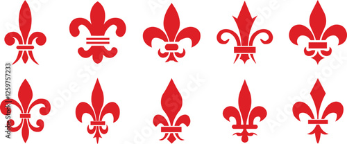 Fleur de Lys symbols or Fleur de Lis vector icon set ornament Silhouette isolated on transparent background. Flower Lily Royal Medieval Heraldic french symbol. Classic emblems flower art pattern.