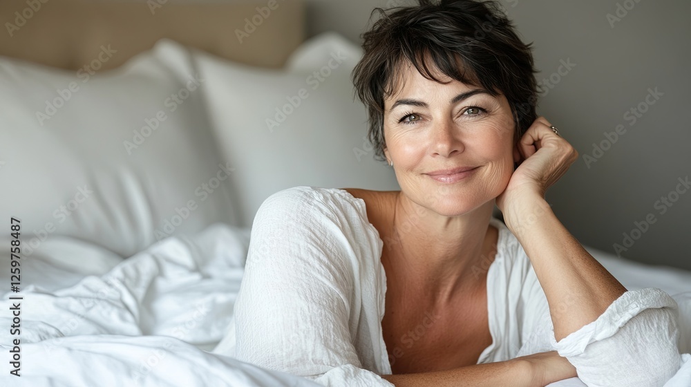 Relaxed middle-aged woman sitting on a bed with crisp white linens, softly smiling toward the camera Relaxed middle-aged woman sitting on a bed with crisp white linens, softly smiling toward the camera