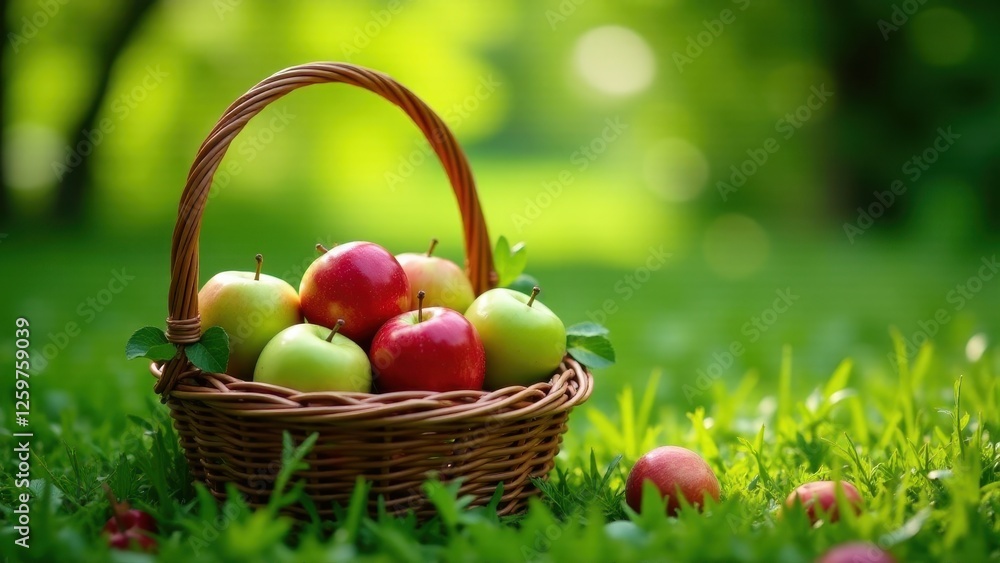 A wicker basket brimming with ripe red and green apples sits nestled in a vibrant green meadow, bathed in soft sunlight. A wicker basket brimming with ripe red and green apples sits nestled in a vibrant green meadow, bathed in soft sunlight.