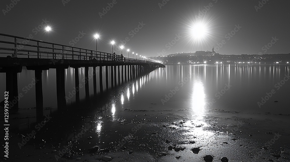 Fototapeta premium Night pier, calm water, city lights, moonlit scene, travel photography