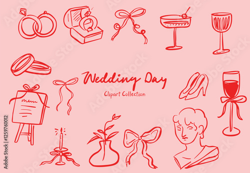 Set of whimsical hand-drawn wedding ceremony illustration in trendy vintage style
