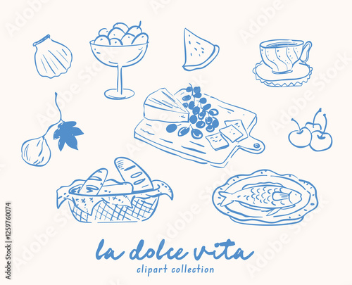 Set of whimsical hand-drawn dolce la vita illustration in trendy vintage style
