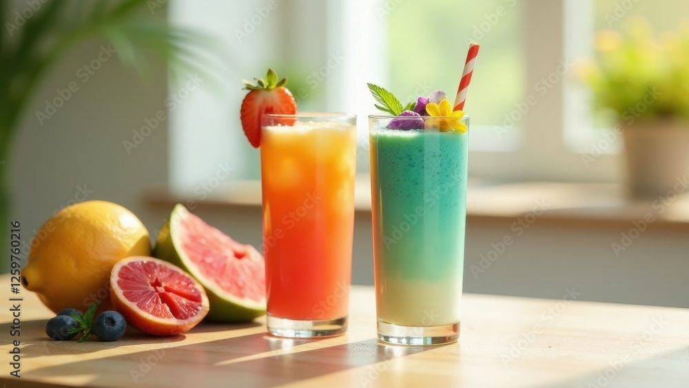 Fototapeta premium Refreshing Summer Fruit Smoothies in Tall Glasses on Wooden Table