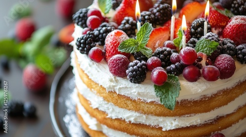 Wallpaper Mural Delicious Birthday Cake Close-Up with Fresh Berries and Burning Candles Torontodigital.ca
