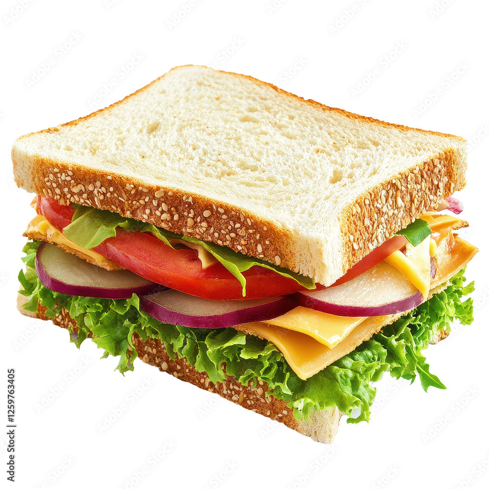 Freshly made sandwich on Transparent background with layers of lettuce, tomato, onion, and cheese, sandwichisolated on PNG backgroundbackground