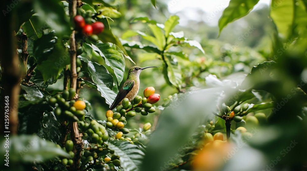 Hummingbird on Coffee Plant with Ripening Berries Hummingbird on Coffee Plant with Ripening Berries
