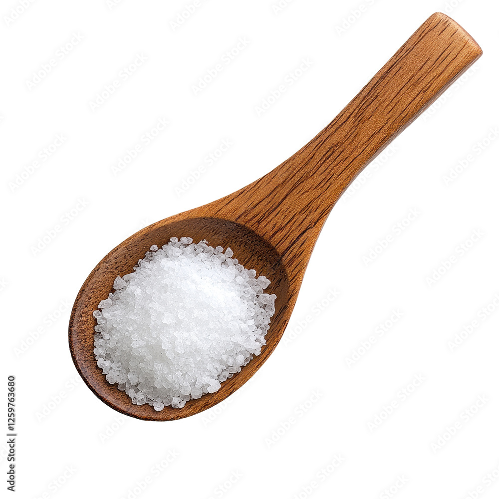 Natural sea salt in a wooden spoon on a clean Transparent background, salt in wood spoonisolated on PNG background Natural sea salt in a wooden spoon on a clean Transparent background, salt in wood spoonisolated on PNG background