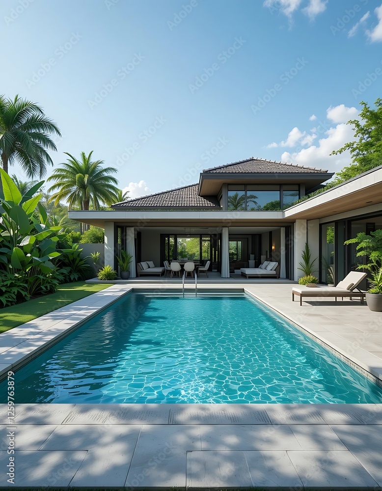 Fototapeta premium Serene Modern Villa with Sparkling Pool and Lush Tropical Surroundings
