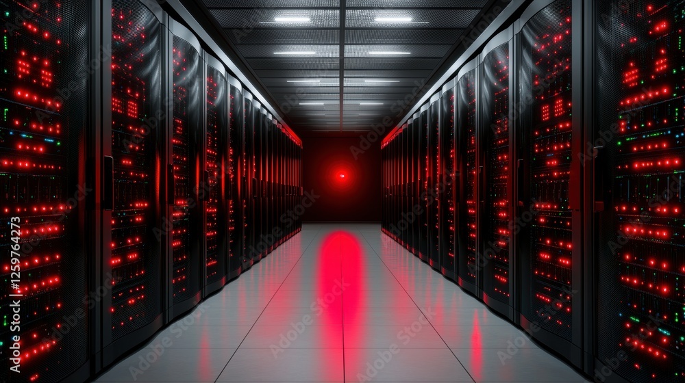 Fototapeta premium security risk cybersecurity A server room with red flashing warnings on screens, representing cybersecurity threats in a high tech environment.