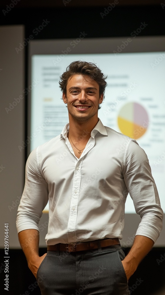 Fototapeta premium Young man, he delivers his presentation to colleagues on stage in an office space