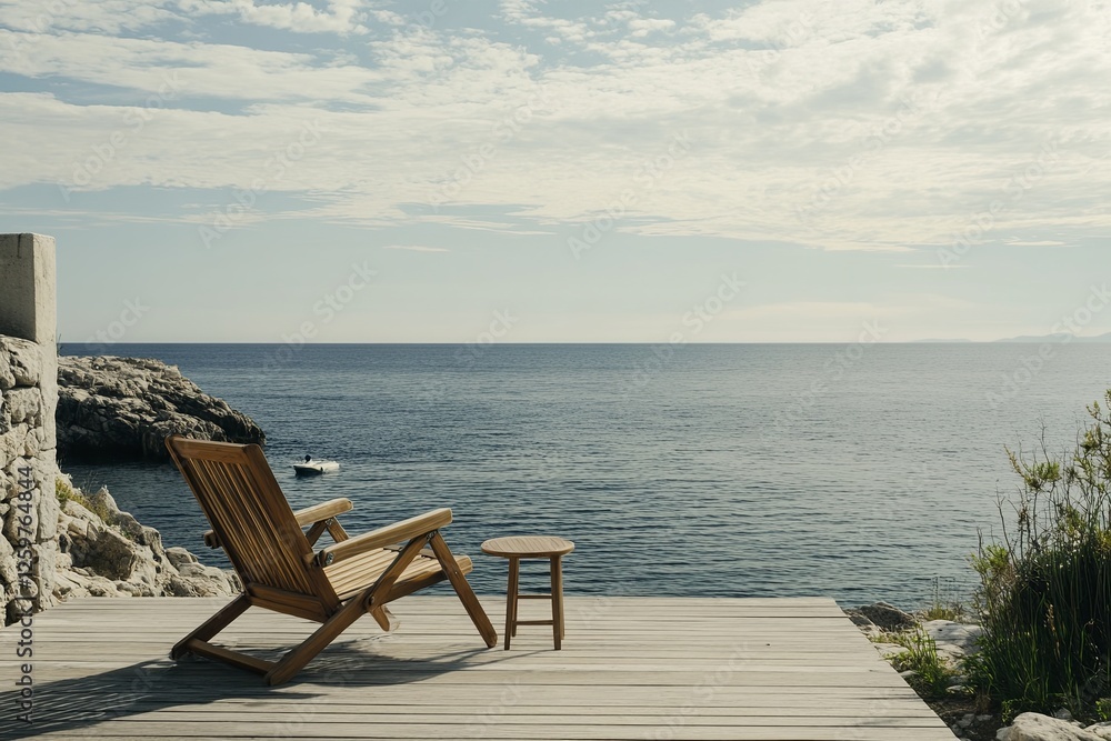 A clean wooden deck chair facing the sea with a small table beside it. picture A clean wooden deck chair facing the sea with a small table beside it. picture