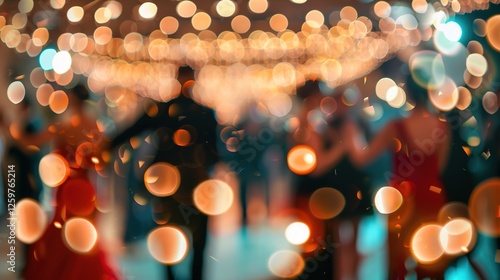 Elegant dance hall with glowing bokeh lights, blurred figures moving, festive atmosphere, joyous celebration, warm evening event, graceful motion