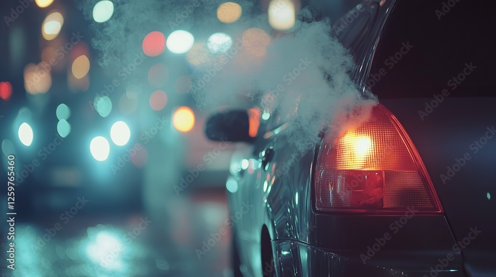 Car Exhaust On City Street At Night Car Exhaust On City Street At Night