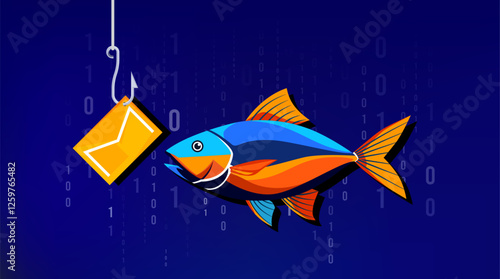 illustration of fish with bait message on blue background and binary code, this design is based on Phishing concept, cyber crime