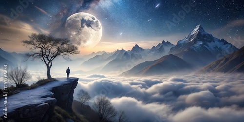 Solitary Figure on a Mountaintop, Gazing at a Giant Moon and a Starry Sky Above a Sea of Clouds