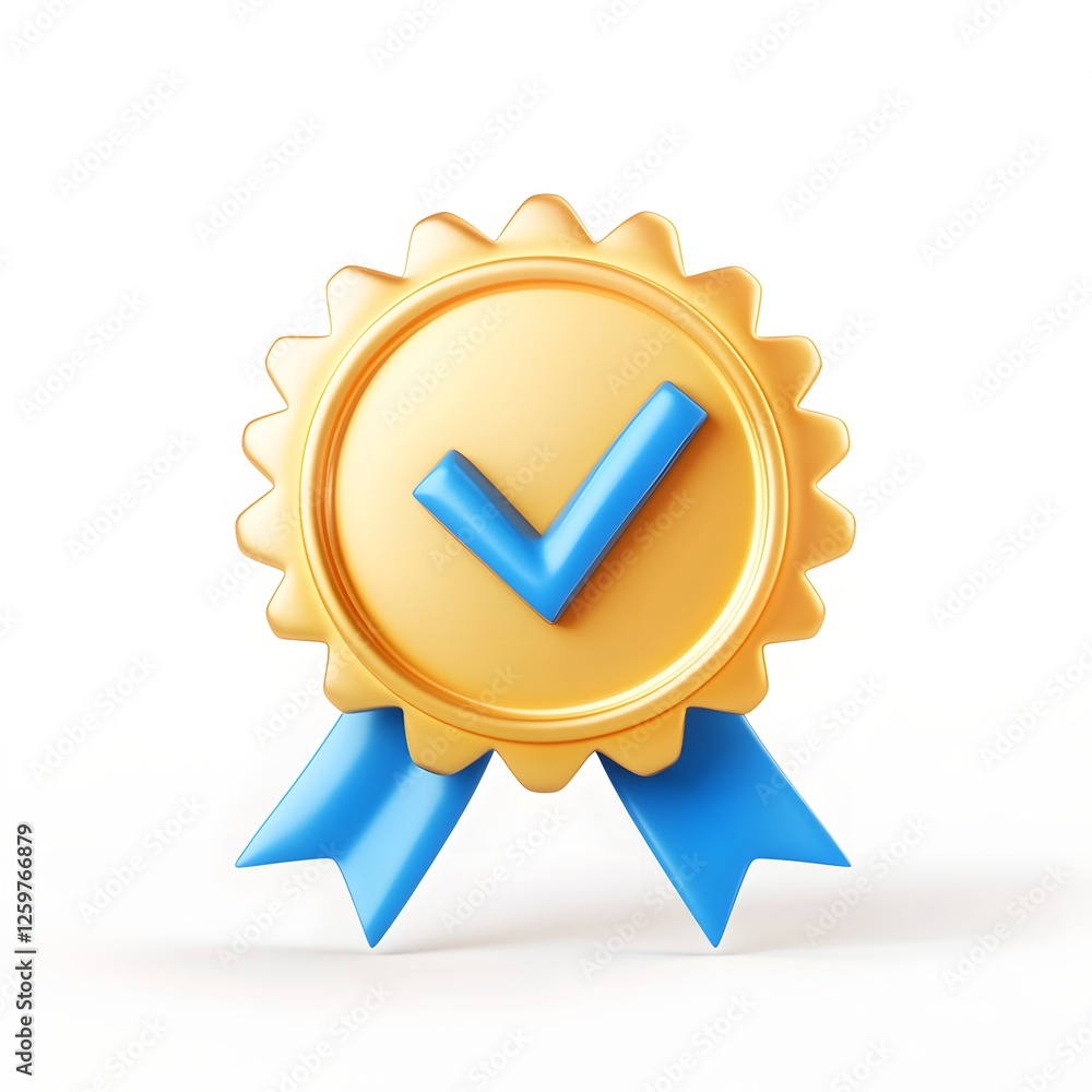 Golden approval seal with blue ribbon on white background Golden approval seal with blue ribbon on white background