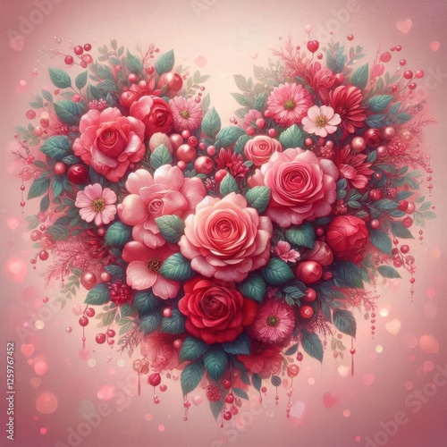 Watercolor red roses hearty shaped wreath, Valentine card