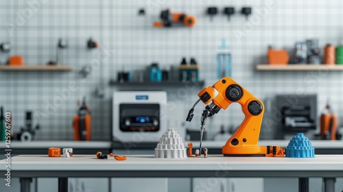 Industrial robot arm working on a manufacturing project with tools and parts on a workshop table.