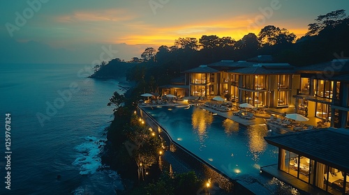 Oceanfront luxury resort at sunset, infinity pool, tropical getaway
