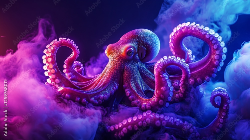 Fototapeta premium Vibrant octopus in neon smoke.