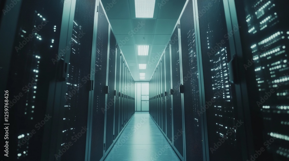 IT data center with servers and network infrastructure. Featuring IT management. Highlighting security and performance. Ideal for IT industry visuals. IT data center with servers and network infrastructure. Featuring IT management. Highlighting security and performance. Ideal for IT industry visuals.