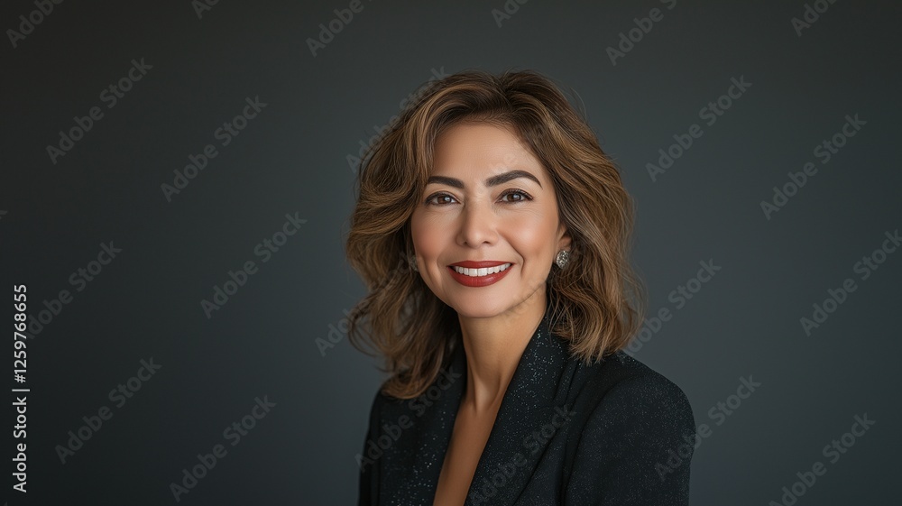 Fototapeta premium Smiling Latina businesswoman in a suit, CEO, and business leader against a grey backdrop