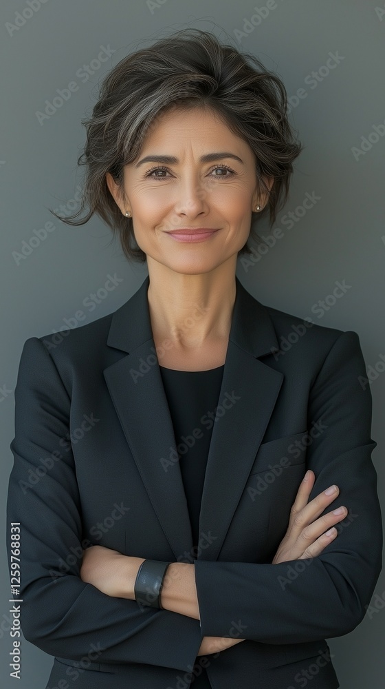 Smiling Latina businesswoman in a suit, CEO, and business leader against a grey backdrop Smiling Latina businesswoman in a suit, CEO, and business leader against a grey backdrop