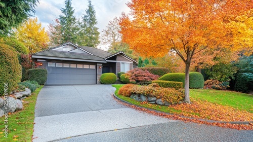 Fototapeta Naklejka Na Ścianę i Meble -  Autumn house, driveway, fall foliage, landscaped yard, real estate