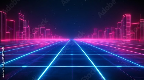 Neon grid glowing neon lines with city shape 
