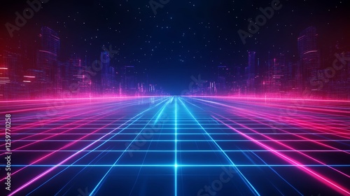 Neon grid glowing neon lines with city shape 