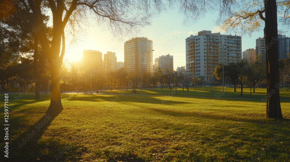 Fototapeta premium Sunset park city view, leisure relaxing background