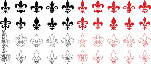 Fleur de Lys symbols or Fleur de Lis vector icon set ornament Silhouette isolated on transparent background. Flower Lily Royal Medieval Heraldic french symbol. Classic emblems flower art pattern.