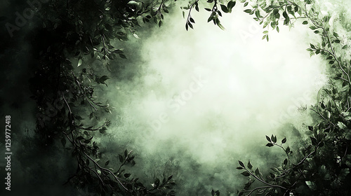 Dark Green Foggy Forest Frame With Leaves