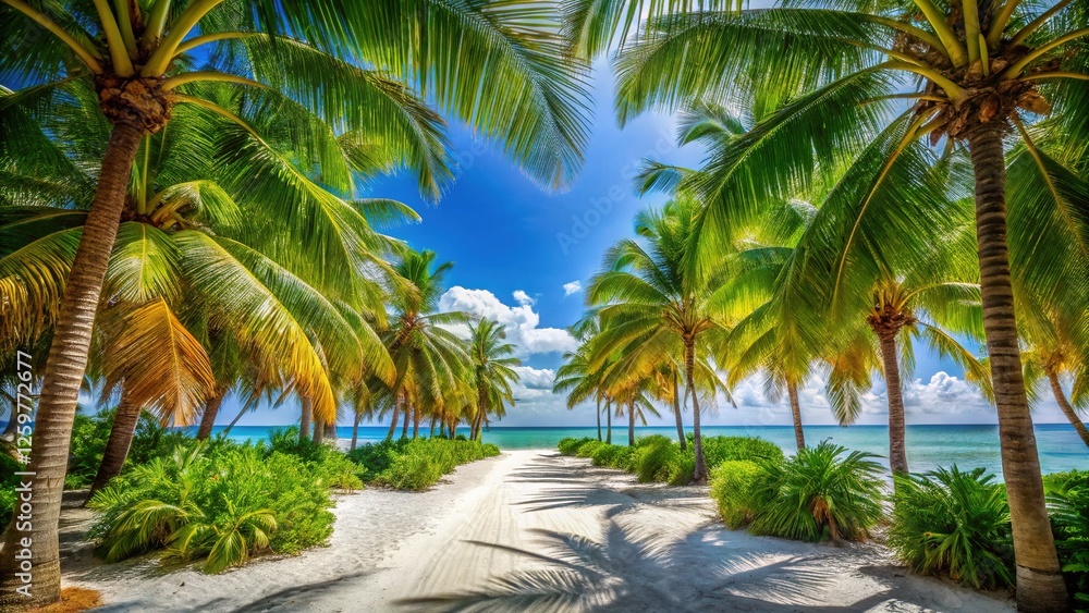 Fototapeta premium Tropical Corridor of Palm Trees to the Beach