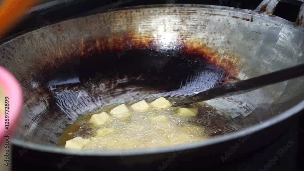 Street chef frying tofu in a wok over a blazing fire on a commercial stove, slow motion close up 4K Street chef frying tofu in a wok over a blazing fire on a commercial stove, slow motion close up 4K