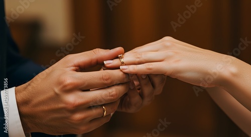 man's hand putting a wedding ring on a woman's ring finger, close-up. 